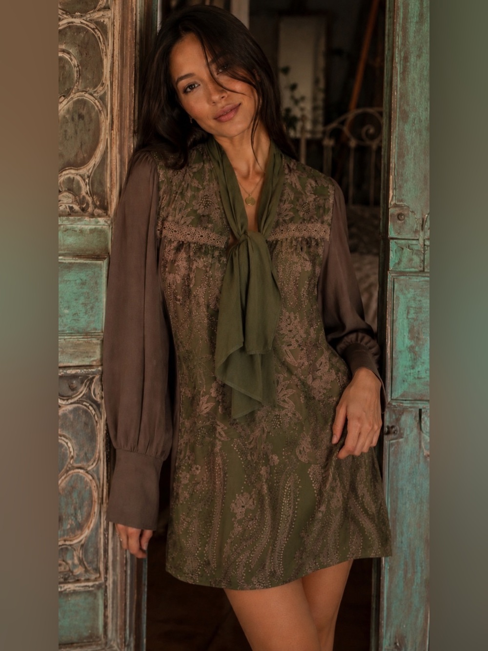 Tiny Petites XS Olive Boho Tie Neck Mini Dress Floral Lace